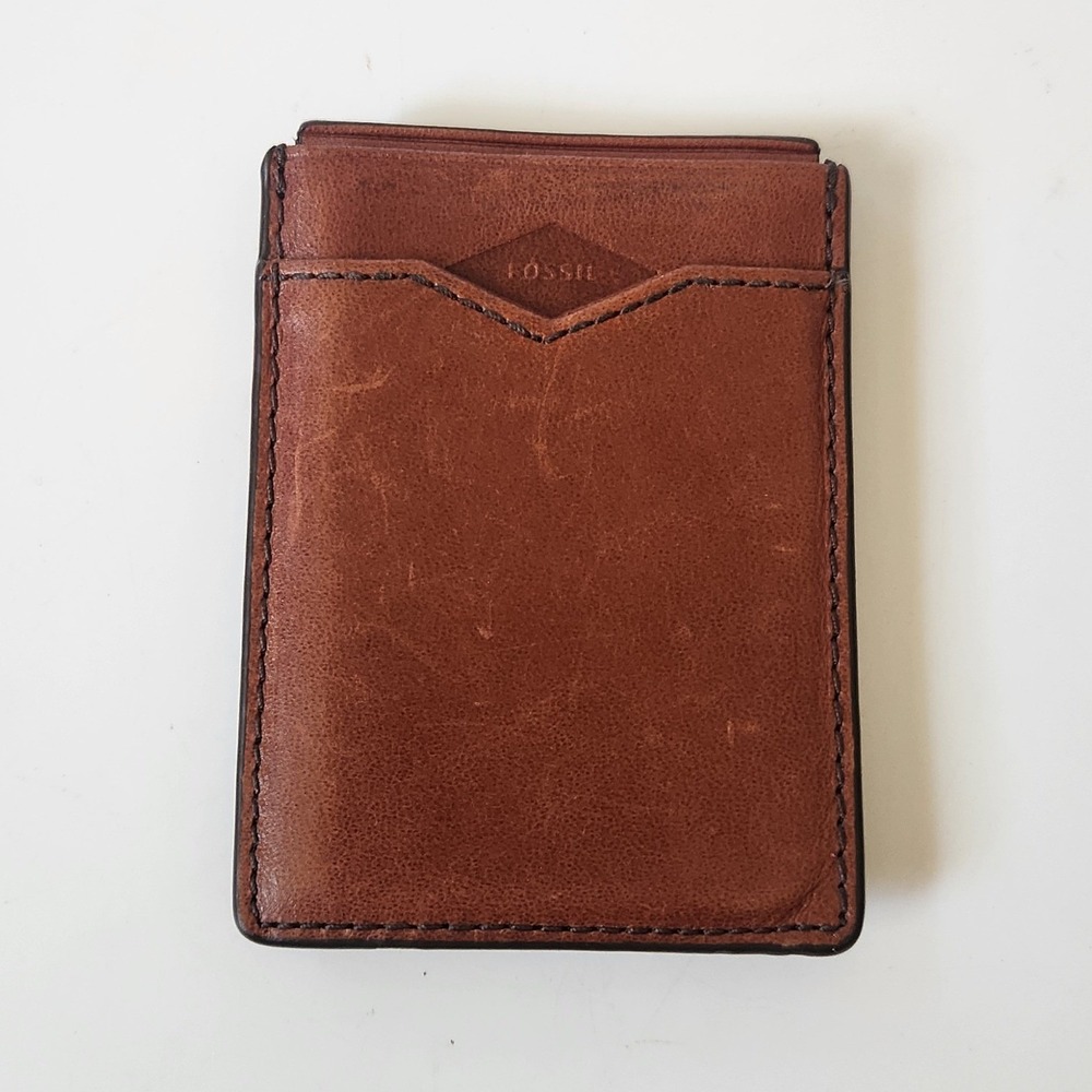Fossil Brooks Brown Leather Card Case Magnetic Money Clip Academia Heritage